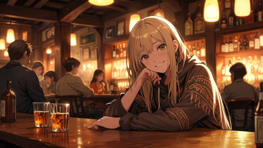 Leonardo.Ai(Stable Diffusion)で生成したバーでお酒を飲む女性のイラスト